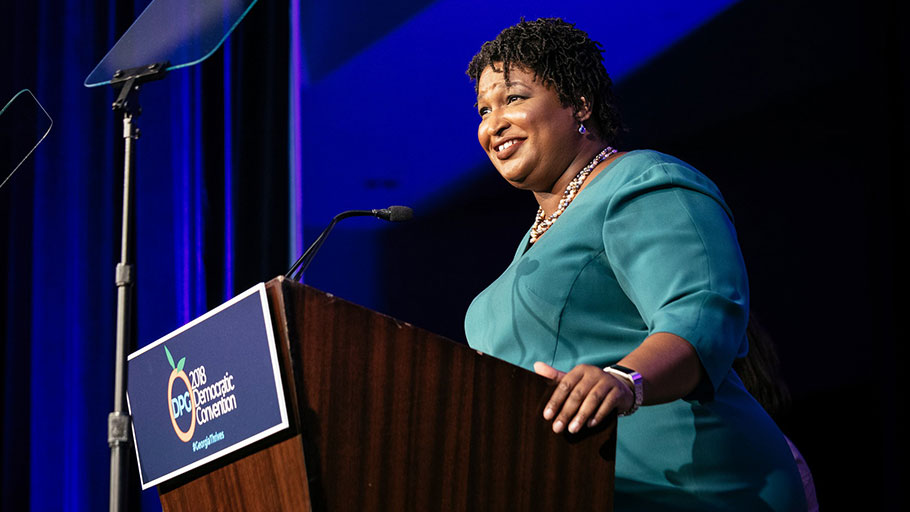 Stacey Abrams giving the keynote speech at the Georgia State Democratic Convention in Atlanta, last August.