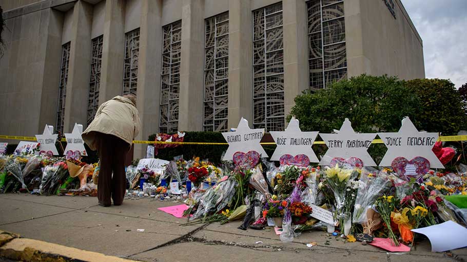 A memorial outside the Tree of Life synagogue in Pittsburgh, where 11 people were killed