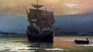 ‘Mayflower in Plymouth Harbor’ by William Halsall (1882). Pilgrim Hall Museum