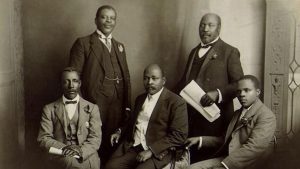 The South African Native National Congress delegation to England, June 1914. From left: Thomas Mapike, the Rev. Walter Rubusana, the Rev. John Dube, Saul Msane and Solomon Plaatje.