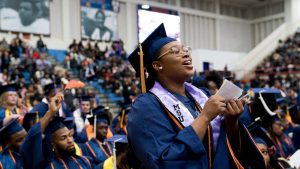 A graduating student at Morgan State University cheered Senator Elizabeth Warren, Democrat of Massachusetts, during her commencement address this month.