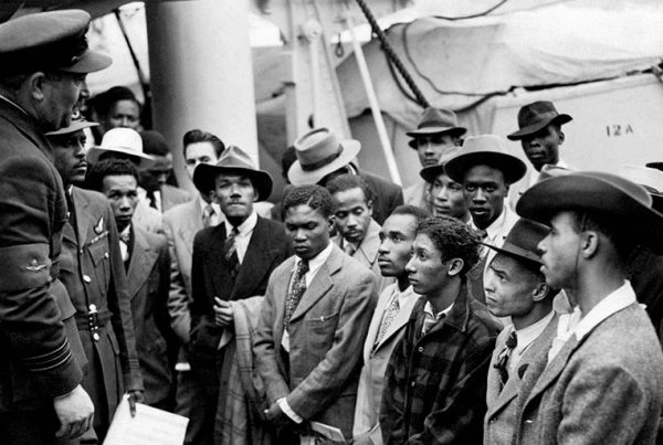 Empire Windrush migrants arrive at Tilbury in 1948.