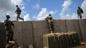 Somali soldiers are on patrol at Sanguuni military base, where an American special operations soldier was killed by a mortar attack on June 8, about 450 km south of Mogadishu, Somalia, on June 13, 2018. - More than 500 American forces are partnering with African Union Mission to Somalia (AMISOM) and Somali national security forces in counterterrorism operations, and have conducted frequent raids and drone strikes on Al-Shabaab training camps throughout Somalia.