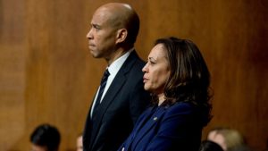 Sen. Cory Booker, left, and Sen. Kamala Harris listen during a Senate Judiciary Committee hearing in Washington, D.C., on Sept. 28, 2018