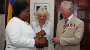 Prince Charles and Camilla Duchess of Cornwall with Mia Mottley, the prime minister of Barbados, 19 March 2019.