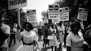 African Americans protest for equal rights during the March on Washington for Jobs and Freedom on August 28, 1963.