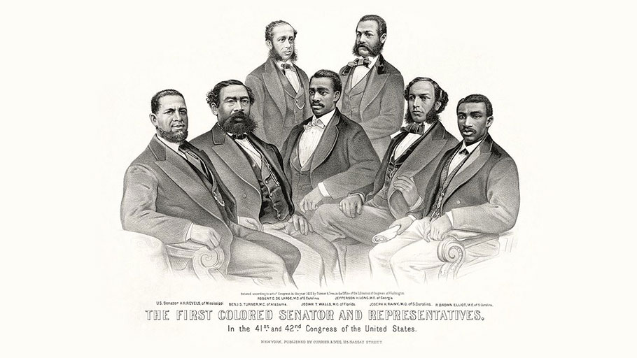 A group portrait of the first African-American legislators in the 41st and 42nd Congress. Library of Congress