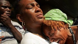 Hurricane Katrina evacuees outside the New Orleans Superdome in 2015.