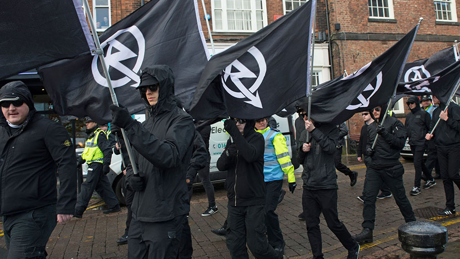 ‘The neo-Nazi terror group National Action has called for a ‘white jihad’.’ A National Action march in Darlington, County Durham.