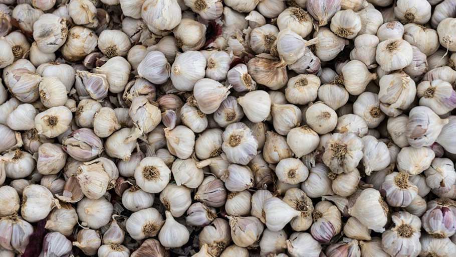 Garlic is heaped on a mat beside a roadside stall in Kiawara, Kenya