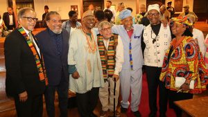 From left, Benjamin Chavis, president and CEO of the National Newspaper Publishers Association; radio personality Mark Thompson, academician Leonard Jeffries; ,Don Rojas; the Rev. Herb Daughtry, pastor emeritus of the House of the Lord Church, Brooklyn, N.Y., host of the event; Ron Daniels, president of the Institute of the Black World 21st Century, and the Rev. Karen Daughtry of the House of the Lord Church.