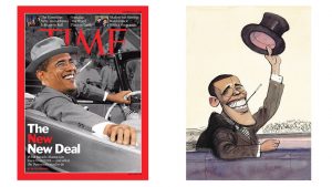 Two representations of Obama as Roosevelt in 2008, in Time and The New Yorker