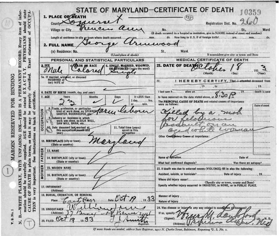 Death certificate george armwood 22 year old lynched in maryland 