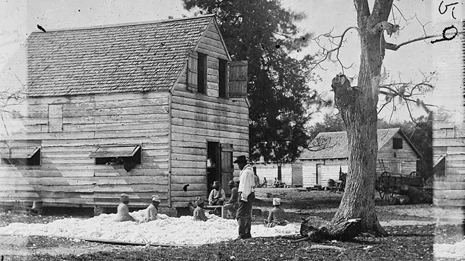 Formerly enslaved people preparing cotton for the gin on Smith’s plantation, Port Royal Island, South Carolina, 1861–1862
