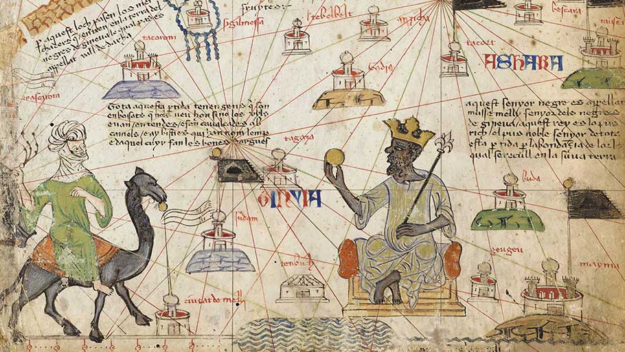 Mansa Musa, the king of Mali, approached by a Berber on camelback; detail from The Catalan Atlas, attributed to the Majorcan mapmaker Abraham Cresques, 1375