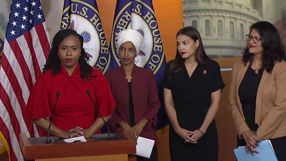 From left to right: Congresswomen Ayanna Pressley, Ilhan Omar, Alexandria Ocasio-Cortez, and Rashida Tlaib