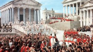 The newly crowned Emperor Commodus, played by Christopher Plummer, entering the Forum in a scene from the 1964 film The Fall of the Roman Empire