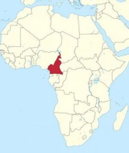 Cameroon, red, in western Africa. Map