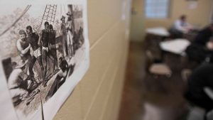 A drawing of a slave ship hangs in Tiffany Classie Williams's history class at Huffman High School in Birmingham, Ala., in April.