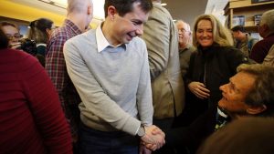 Pete Buttigieg, mayor of South Bend, Ind., and a Democratic presidential candidate, greets people at Gibson’s Bookstore in Concord, N.H., on April 6