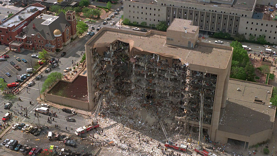 The Alfred P. Murrah Federal Building in Oklahoma City after a truck bomb explosion, April, 1995