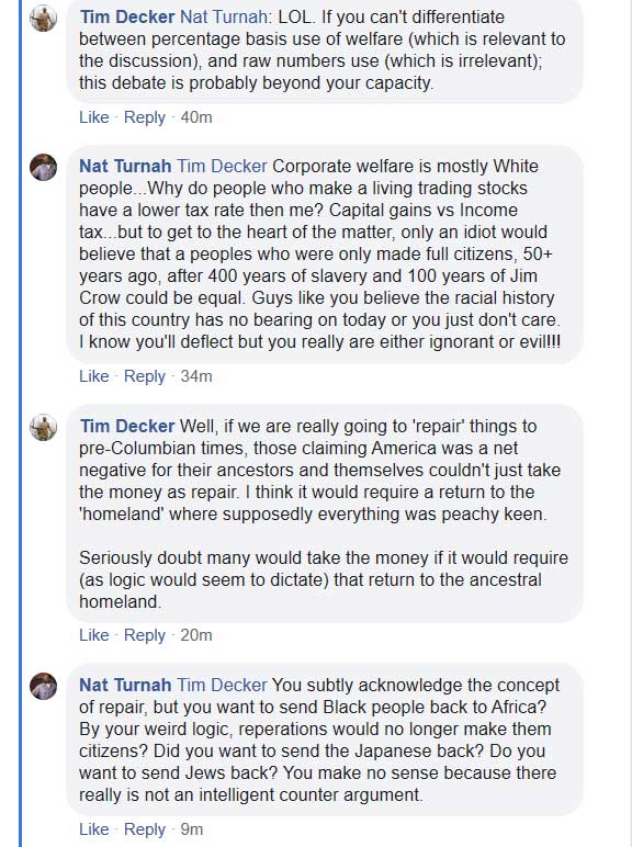 Facebook screenshot of Greater Cincinnati Politics group members discussing why they oppose reparations.