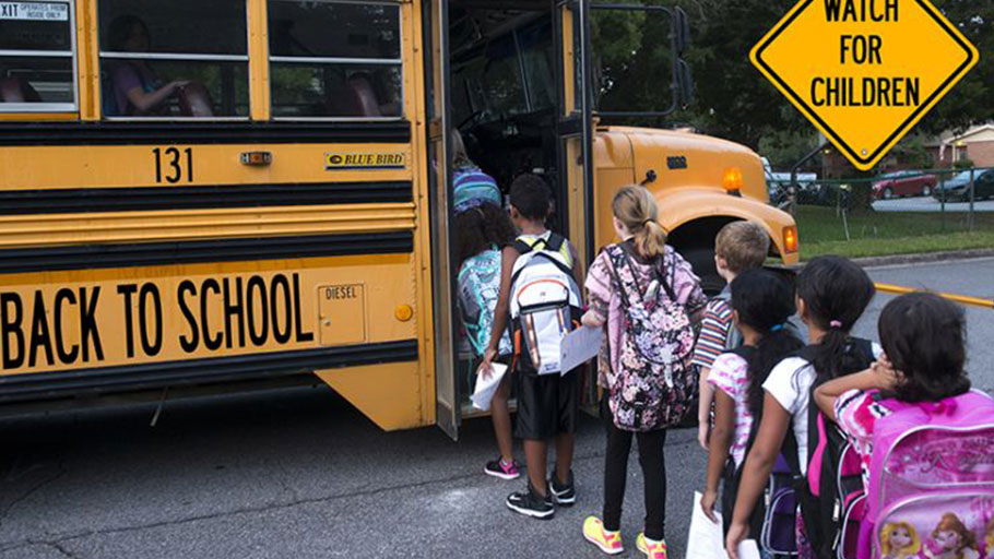 School children, school bus