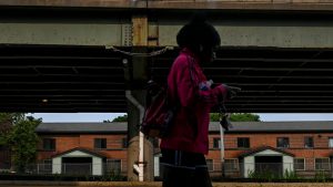 The Pioneer Homes housing complex sits a few feet away from an elevated part of highway that may soon be taken down.