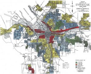 A color-coded map from 1937 shows red dots meant to represent high-risk investment areas.