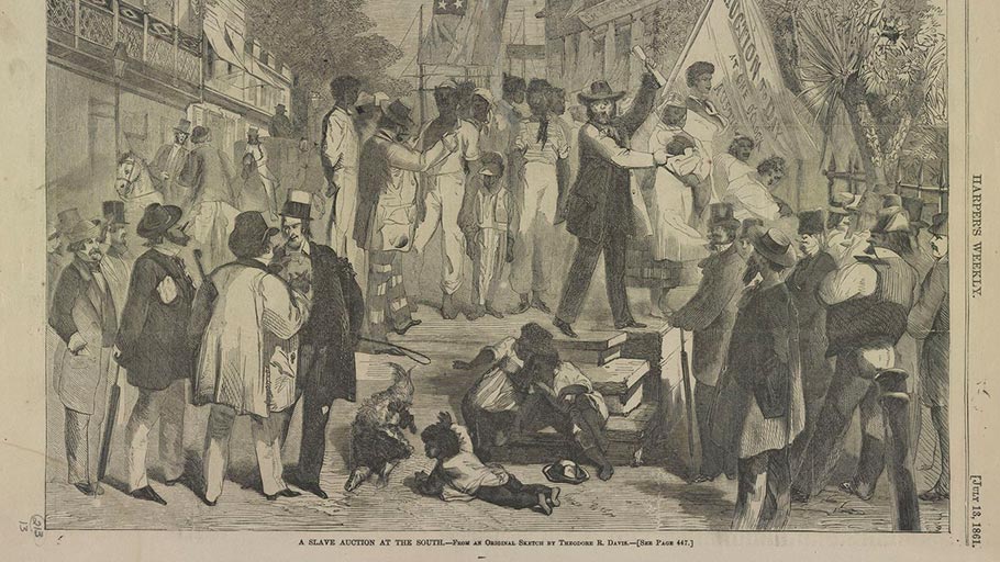 A slave auction in the South is depicted in a sketch circa 1861 by Theodore R. Davis.