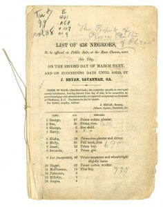 Auction catalogue for the sale of enslaved people sold on March 2 and 3 in 1859