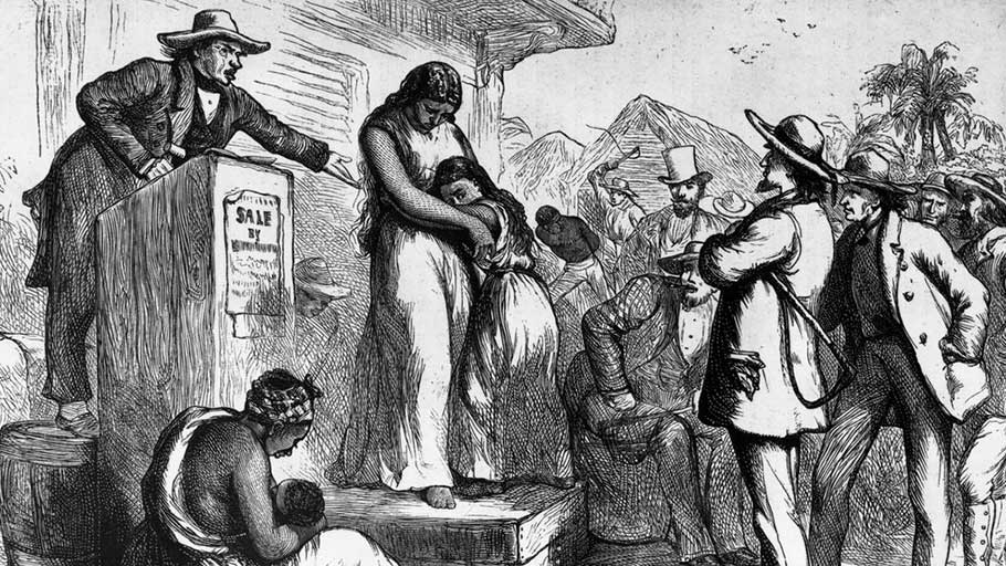 A circa 1830 illustration of a slave auction in America.