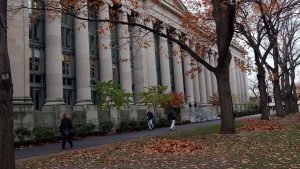 In this Nov. 19, 2002, photo, students walk through the Harvard Law School area on the campus of Harvard University in Cambridge, Mass.