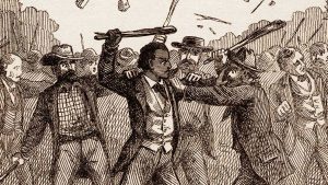 Engraving of abolitionist and author Frederick Douglass being attacked by thugs at an American Anti-Slavery Society meeting, Pendleton, Indiana, 1843.