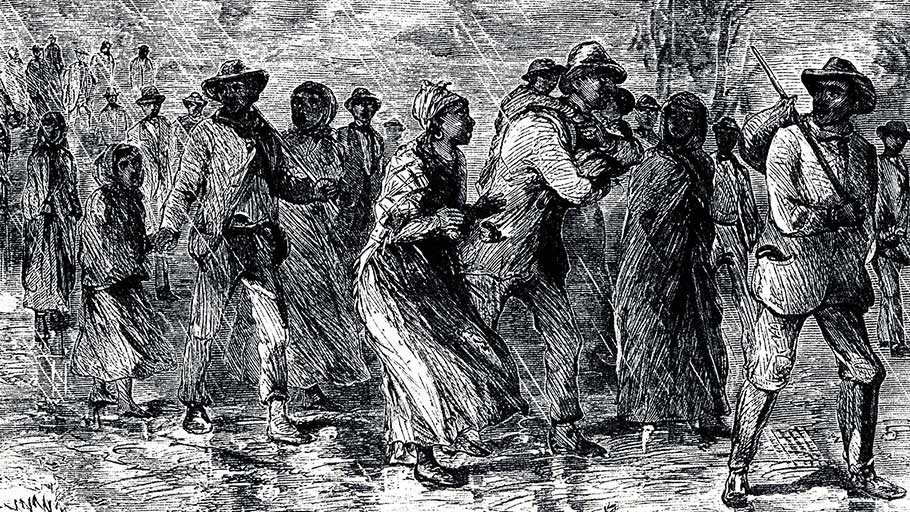 Engraving of fugitive slaves traveling from Maryland to Delaware by way of the Underground Railroad, 1850–1851.
