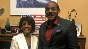 From left, Chair of the House Committee on Financial Affairs, Maxine Waters and Antigua and Barbuda Prime Minister, Gaston Browne.