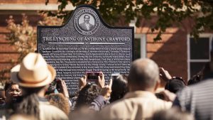 A crowd gathers in Abbeville, South Carolina, to commemorate a memorial to Anthony Crawford, a prominent Black businessman who was killed by a lynch mob in 1916.