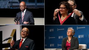 Clockwise from top left: Michael Drake, president of Ohio State University; Elizabeth Alexander, president of the Mellon Foundation; Cecilia Conrad, a managing director at the MacArthur Foundation; and Henry Louis Gates Jr., a professor at Harvard.Credit...