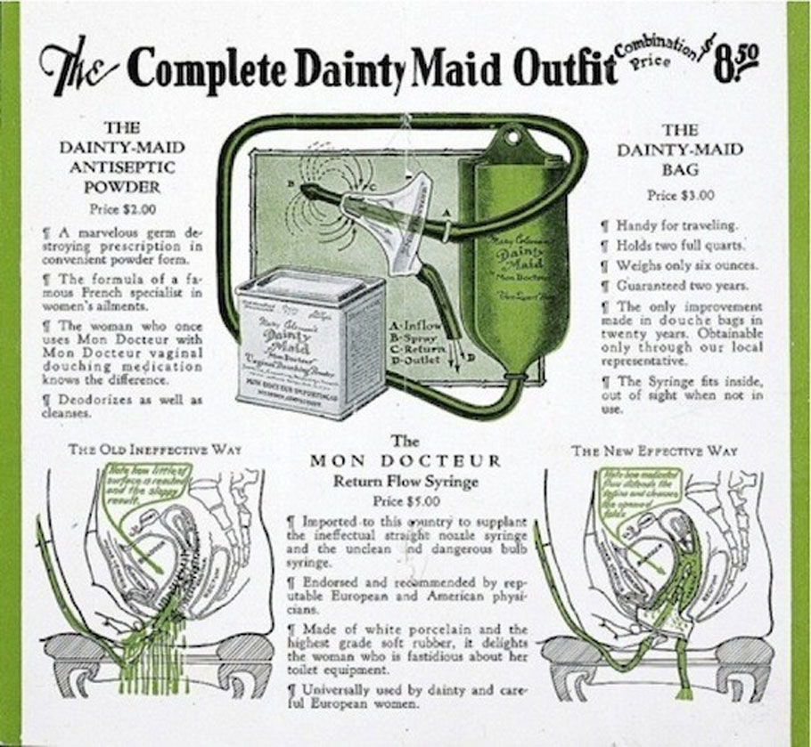 Vintage, explanatory advertisement for feminine hygiene douche, 1900.