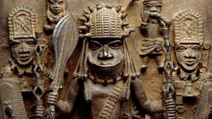 Plaque depicting warrior and attendants (16th-17th century), Edo peoples, Benin kingdom, Nigeria.