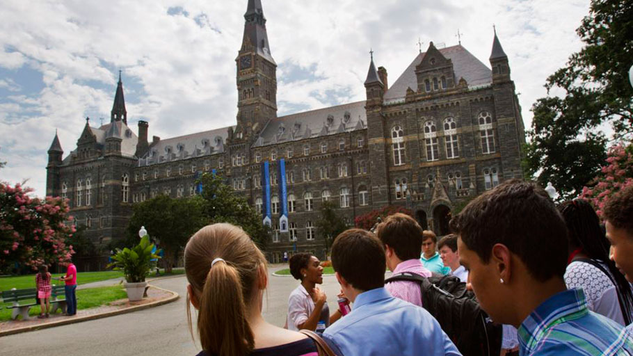 Prospective students tour Georgetown University's campus in Washington., DC.