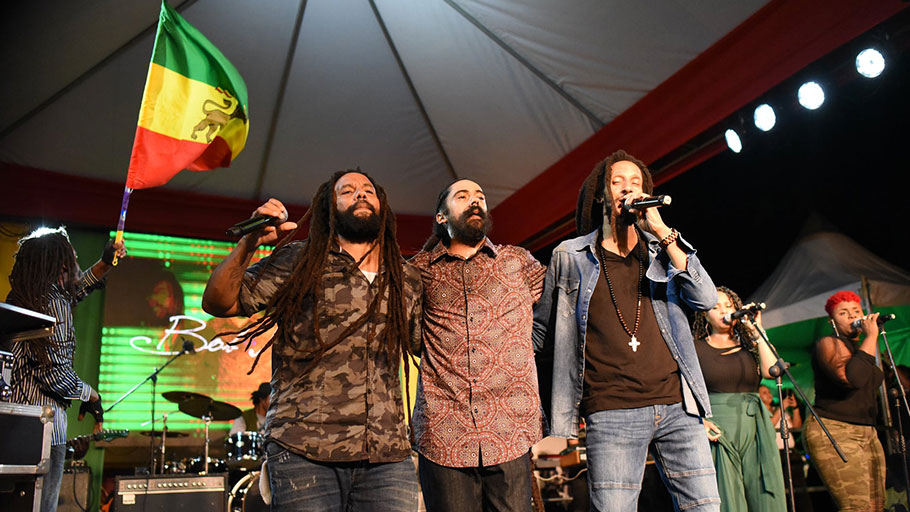 Reggae brothers … from left: Ky-Mani, Damian and Julian Marley perform at Marley 75 in Kingston, Jamaica.