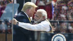 U.S. President Donald Trump shakes hands with India's Prime Minister Narendra Modi