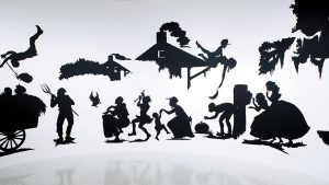 Kara Walker: Slavery! Slavery! Presenting a GRAND and LIFELIKE Panoramic Journey into Picturesque Southern Slavery or ‘Life at “Ol’ Virginny’s Hole” (sketches from Plantation Life)’ See the Peculiar Institution as never before! All cut from black paper by the able hand of Kara Elizabeth Walker, an Emancipated Negress and leader in her Cause, 1997