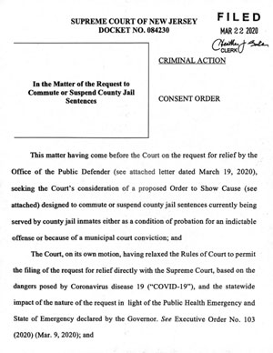 NJ County Jail Consent Order: New Jersey’s chief justice, Stuart Rabner, signed an order to release some inmates from the state’s county jails.