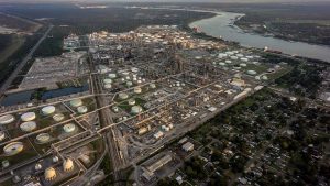 A dense concentration of oil refineries, petrochemical plants, and other chemical industries stand alongside residential homes in cancer alley.