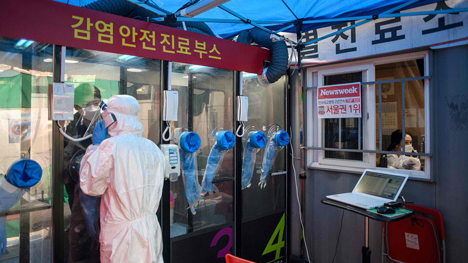 A nurse at testing booth outside the Yangji hospital in Seoul. 