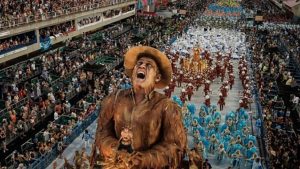 Revellers of the Portela Samba School, the champion of the 2017 Rio Carnival, perform in the Champions' Parade at the Sambadrome in Rio, Brazil, on March 5, 2017.