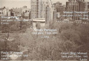 Image by Christopher Moore showing African landholders around Washington Square Park and as seen in ‘A World of Possibilities: Slavery and Freedom in Dutch New Amsterdam.’