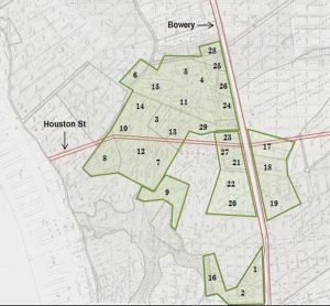 African landholdings in New Amsterdam. Each number corresponds to a freed African landholder and is described in the GVSHP Civil Rights and Social Justice map.